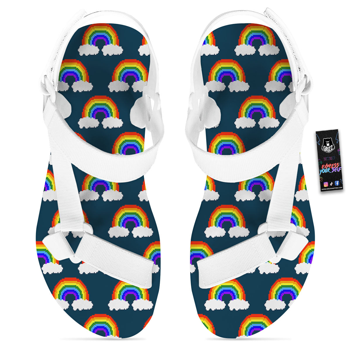 Rainbow Pixel Print Pattern White Open Toe Sandals-grizzshop