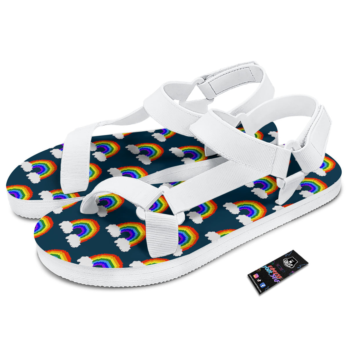 Rainbow Pixel Print Pattern White Open Toe Sandals-grizzshop