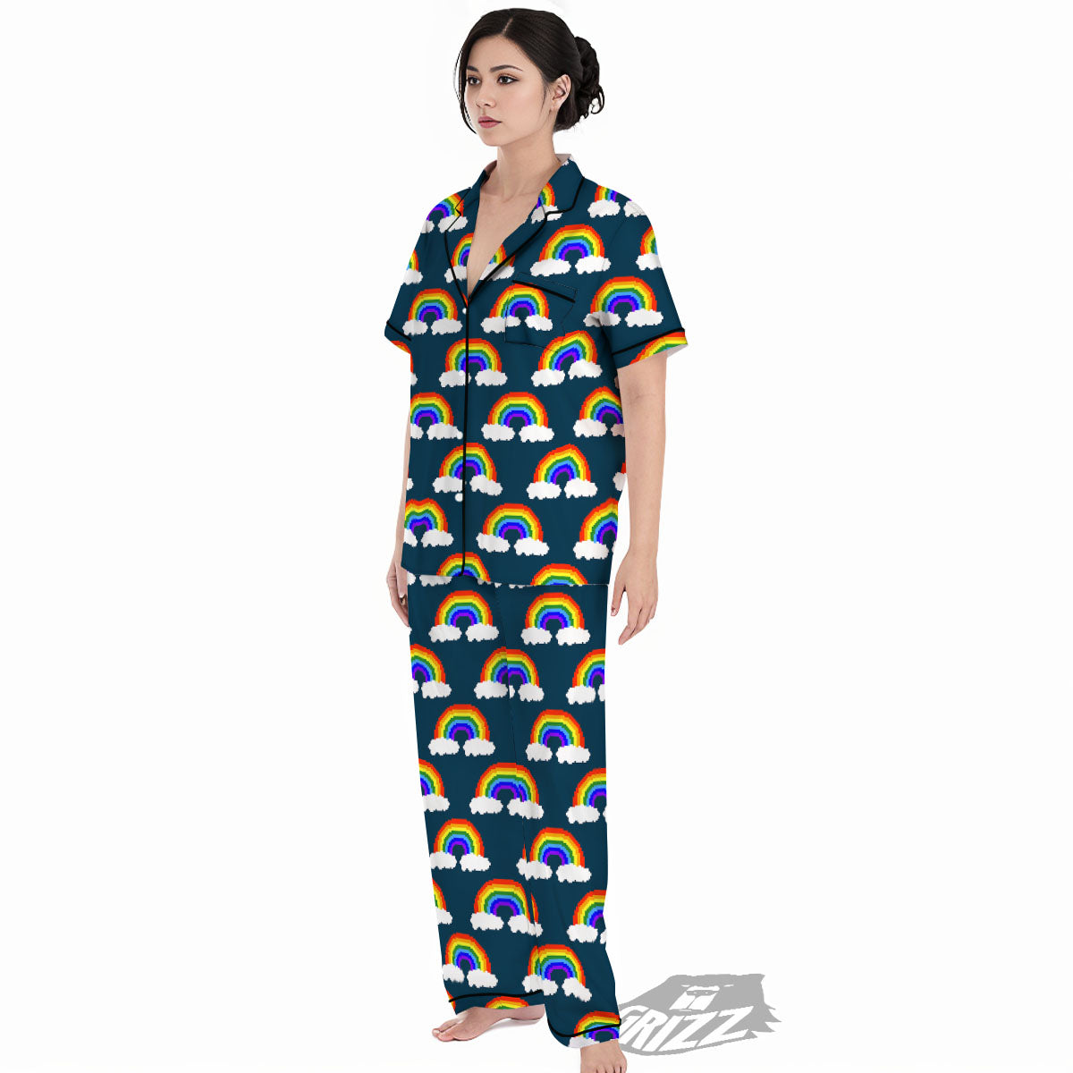 Rainbow Pixel Print Pattern Women's Pajamas Set-grizzshop