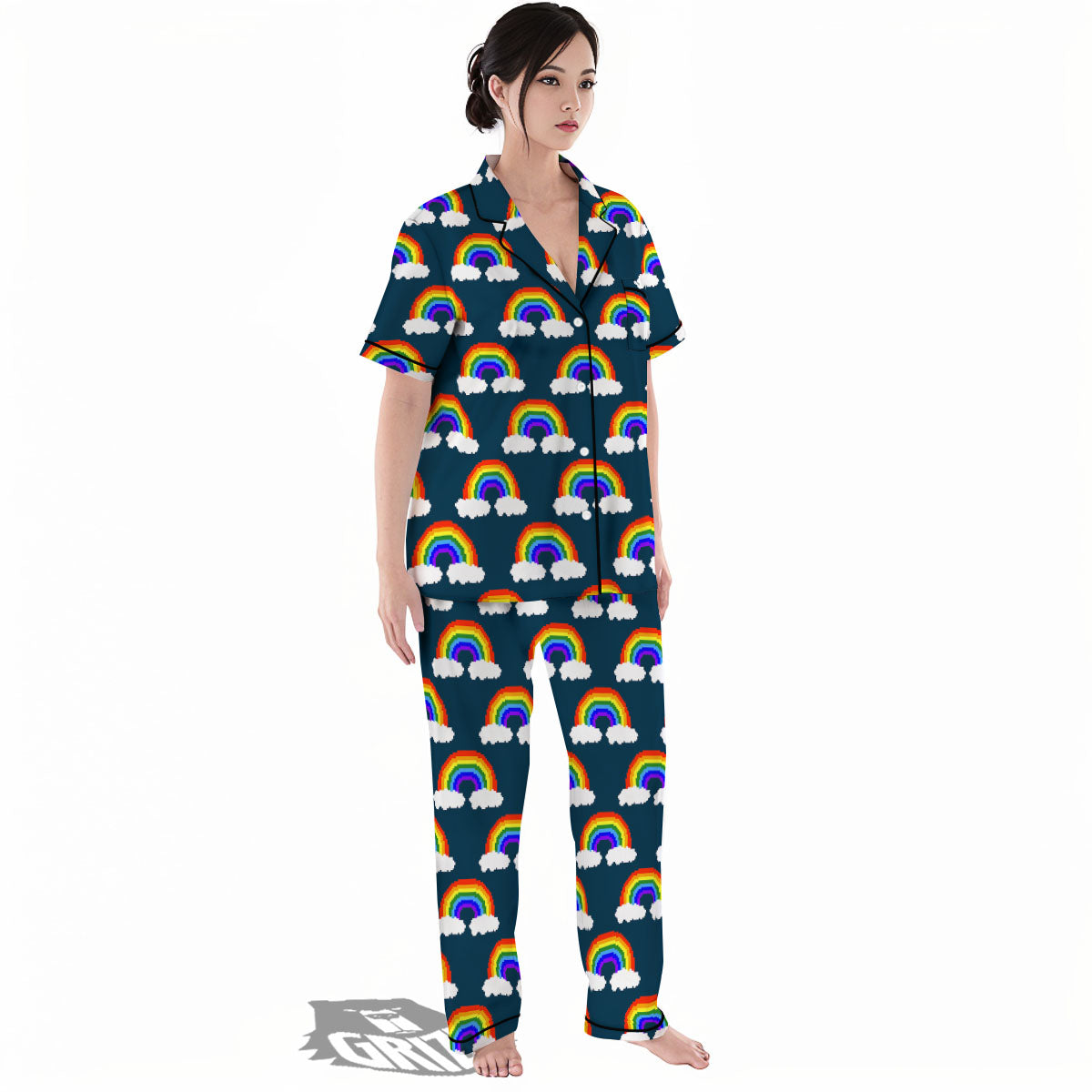Rainbow Pixel Print Pattern Women's Pajamas Set-grizzshop