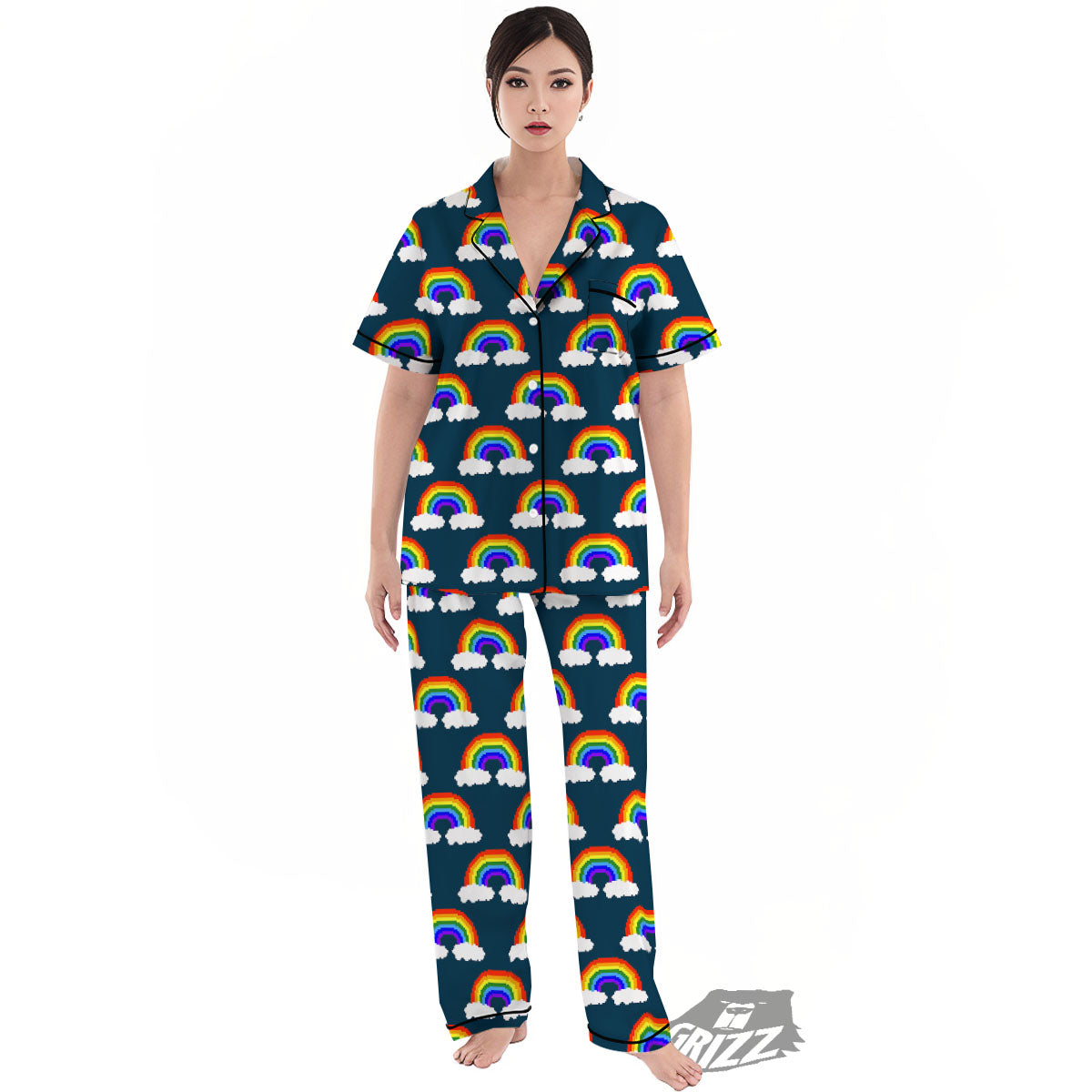 Rainbow Pixel Print Pattern Women's Pajamas Set-grizzshop