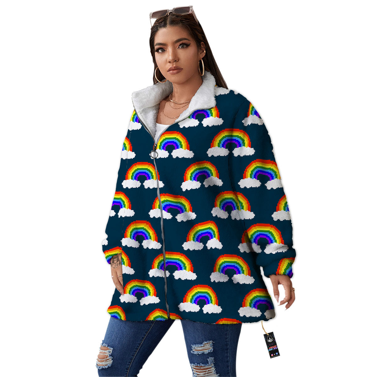 Rainbow Pixel Print Pattern Women's Sherpa Jacket-grizzshop