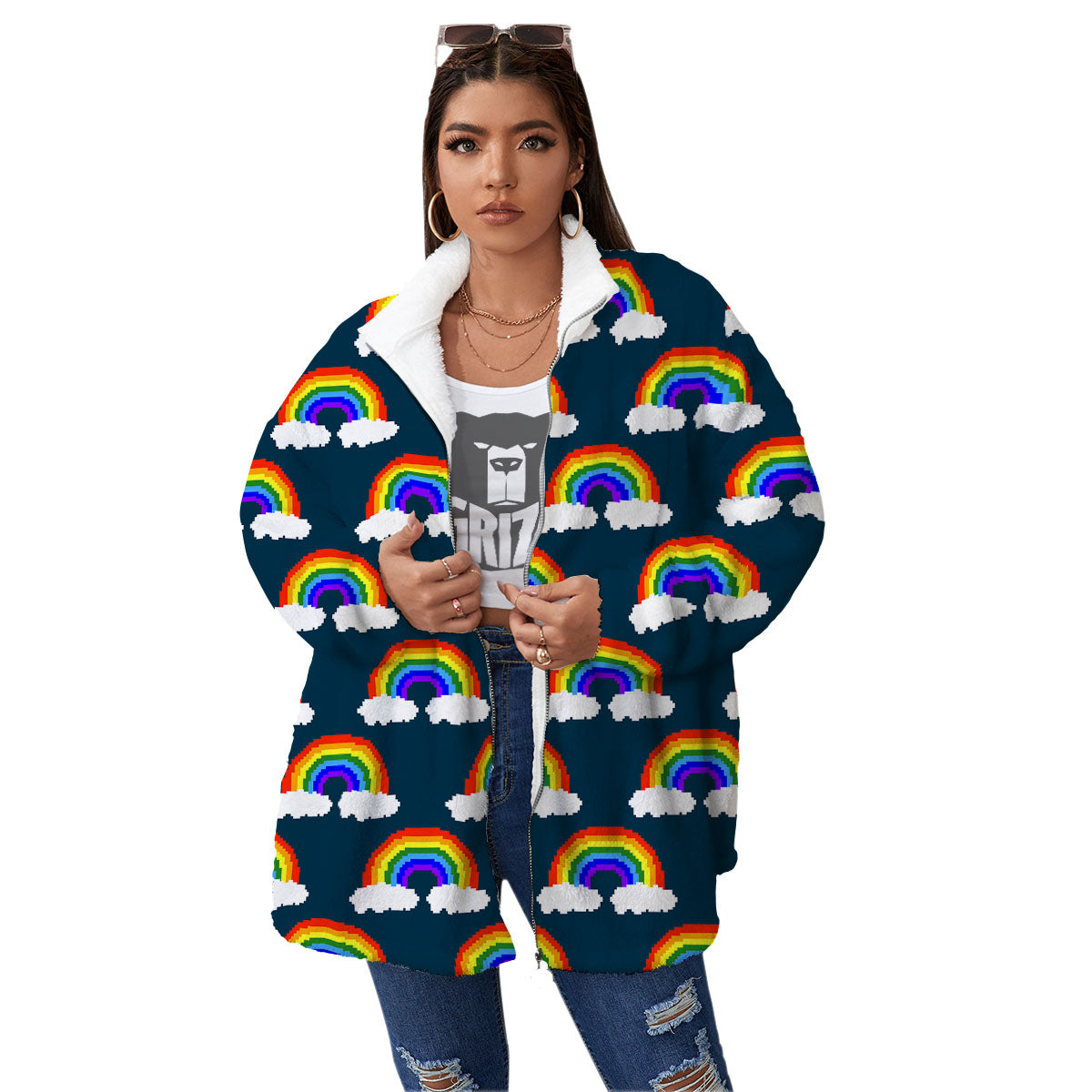 Rainbow Pixel Print Pattern Women's Sherpa Jacket-grizzshop