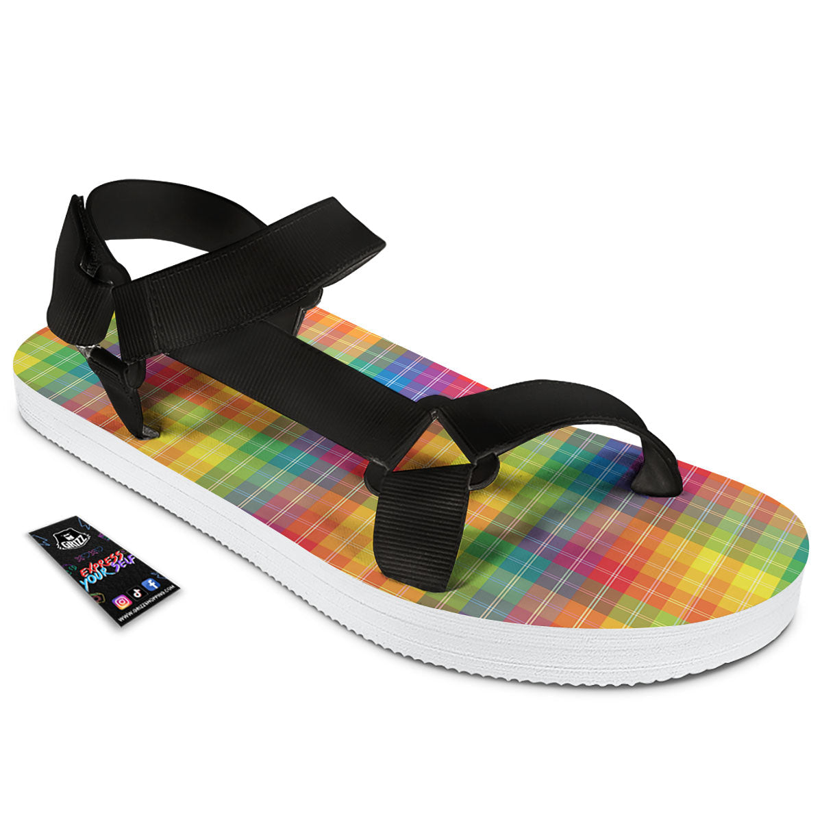 Rainbow Plaid LGBT Pride Print Pattern Black Open Toe Sandals-grizzshop