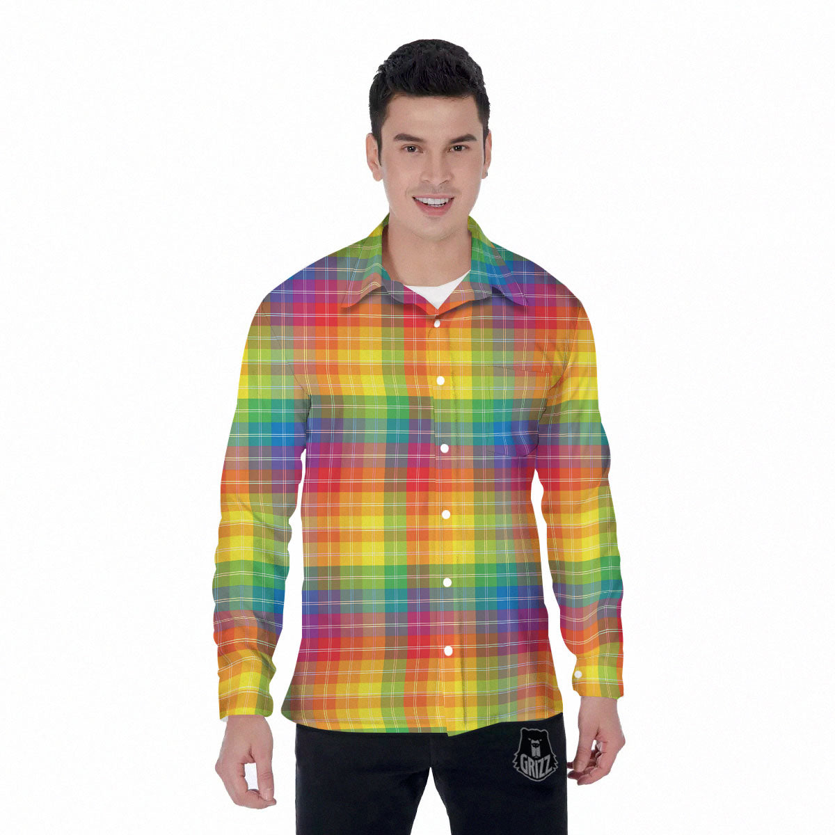 Rainbow Plaid LGBT Pride Print Pattern Men's Long Sleeve Shirts-grizzshop