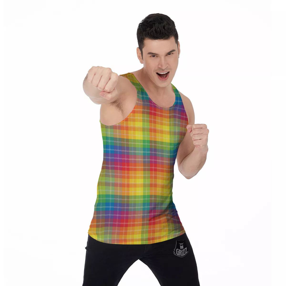 Rainbow Plaid LGBT Pride Print Pattern Men's Tank Top-grizzshop