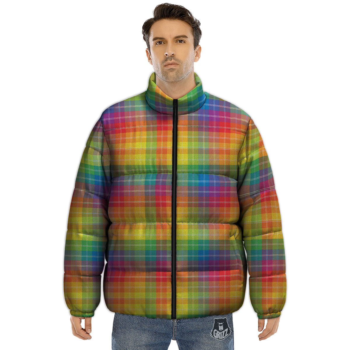 Rainbow Plaid LGBT Pride Print Pattern Puffer Jacket-grizzshop