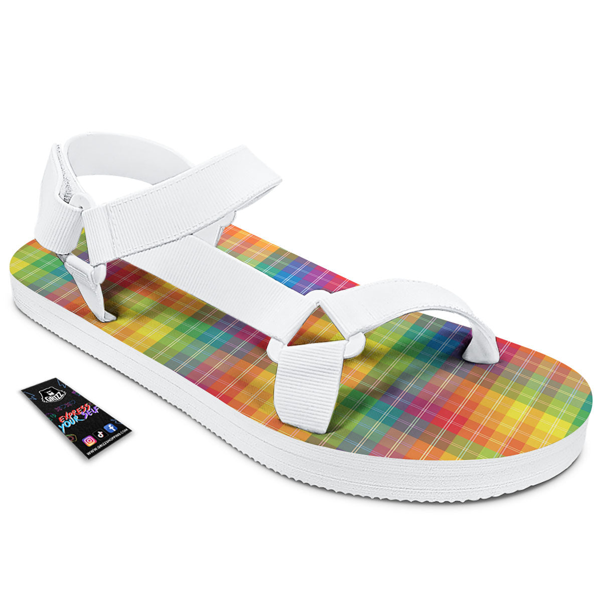 Rainbow Plaid LGBT Pride Print Pattern White Open Toe Sandals-grizzshop