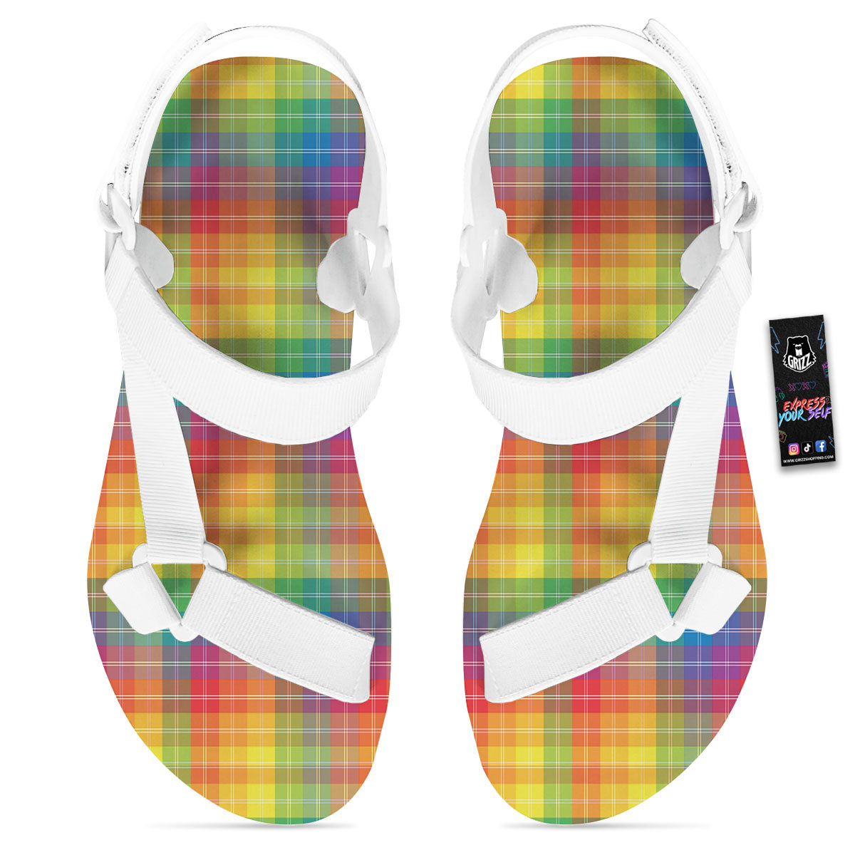 Rainbow Plaid LGBT Pride Print Pattern White Open Toe Sandals-grizzshop