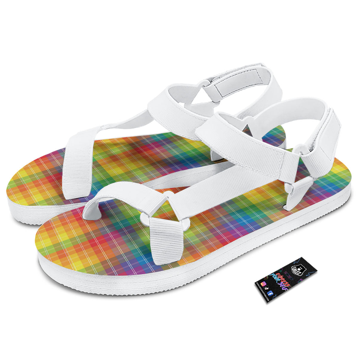 Rainbow Plaid LGBT Pride Print Pattern White Open Toe Sandals-grizzshop