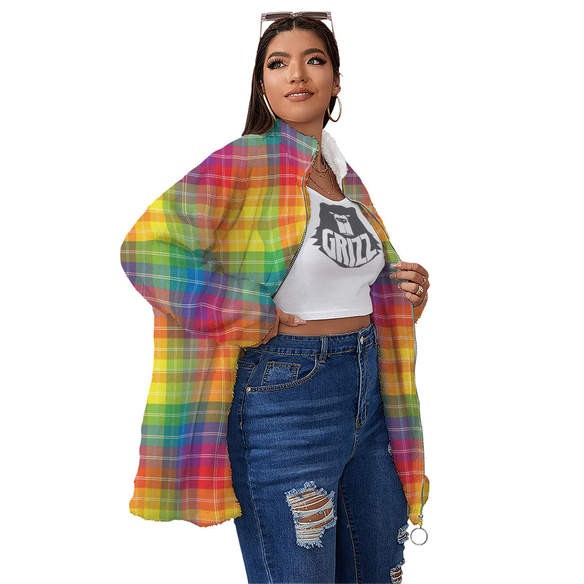 Rainbow Plaid LGBT Pride Print Pattern Women's Sherpa Jacket-grizzshop