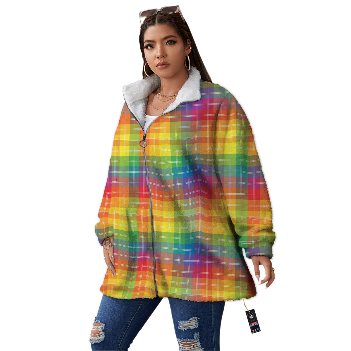 Rainbow Plaid LGBT Pride Print Pattern Women's Sherpa Jacket-grizzshop