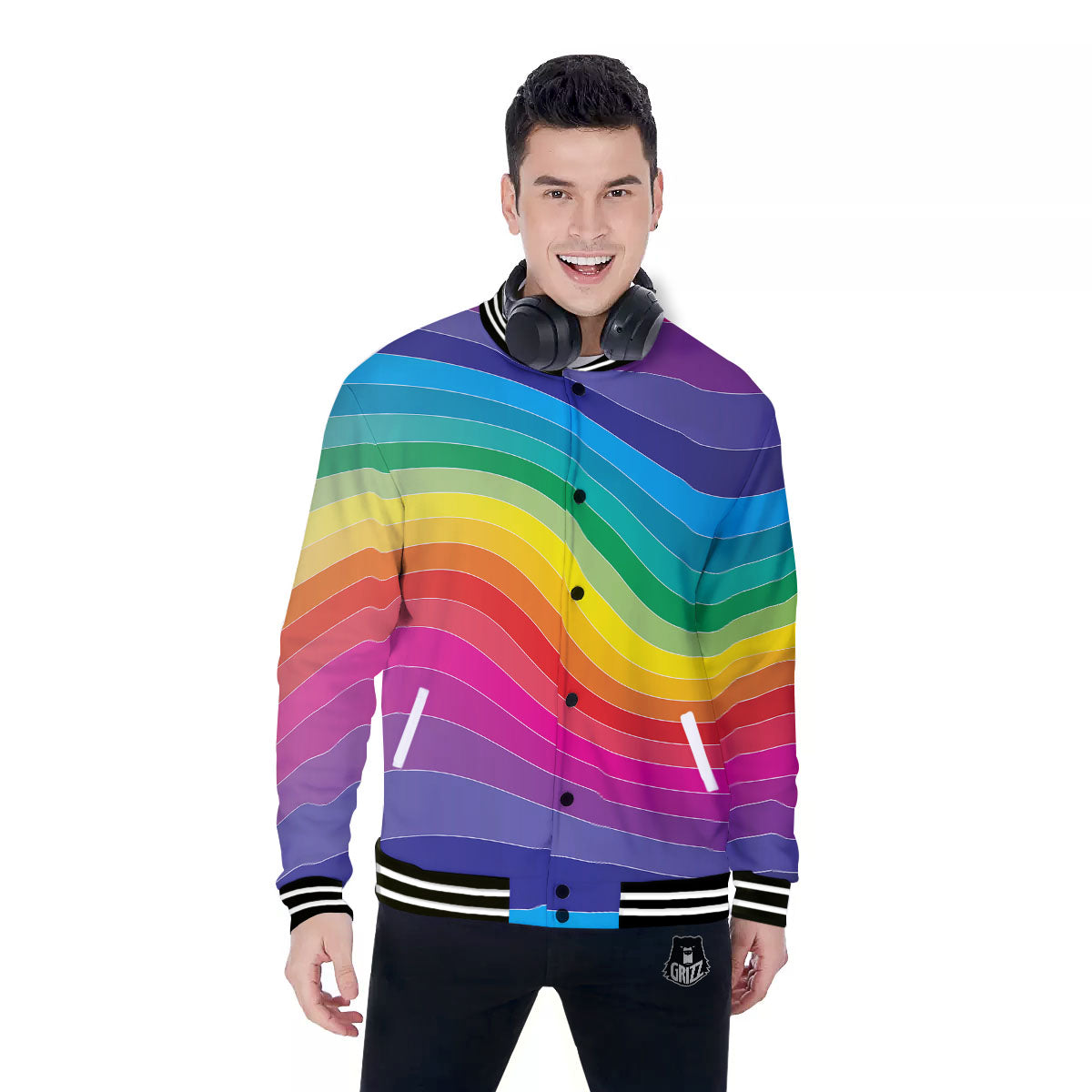Rainbow Print Baseball Jacket-grizzshop