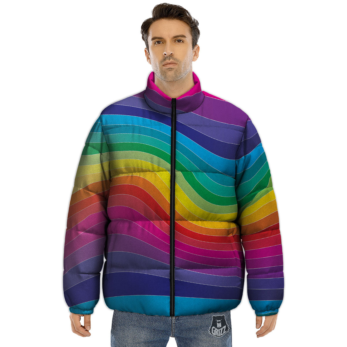 Rainbow Print Puffer Jacket-grizzshop