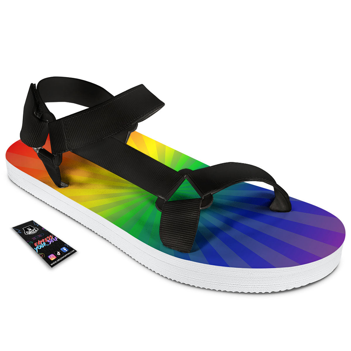 Rainbow Rays LGBT Pride Print Black Open Toe Sandals-grizzshop