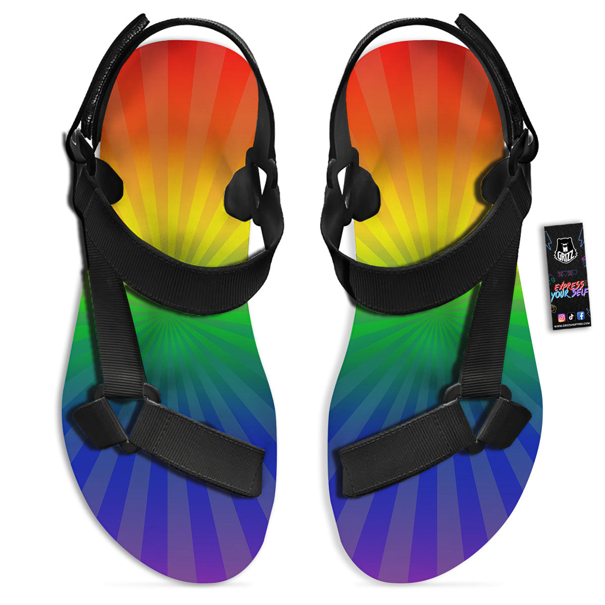 Rainbow Rays LGBT Pride Print Black Open Toe Sandals-grizzshop