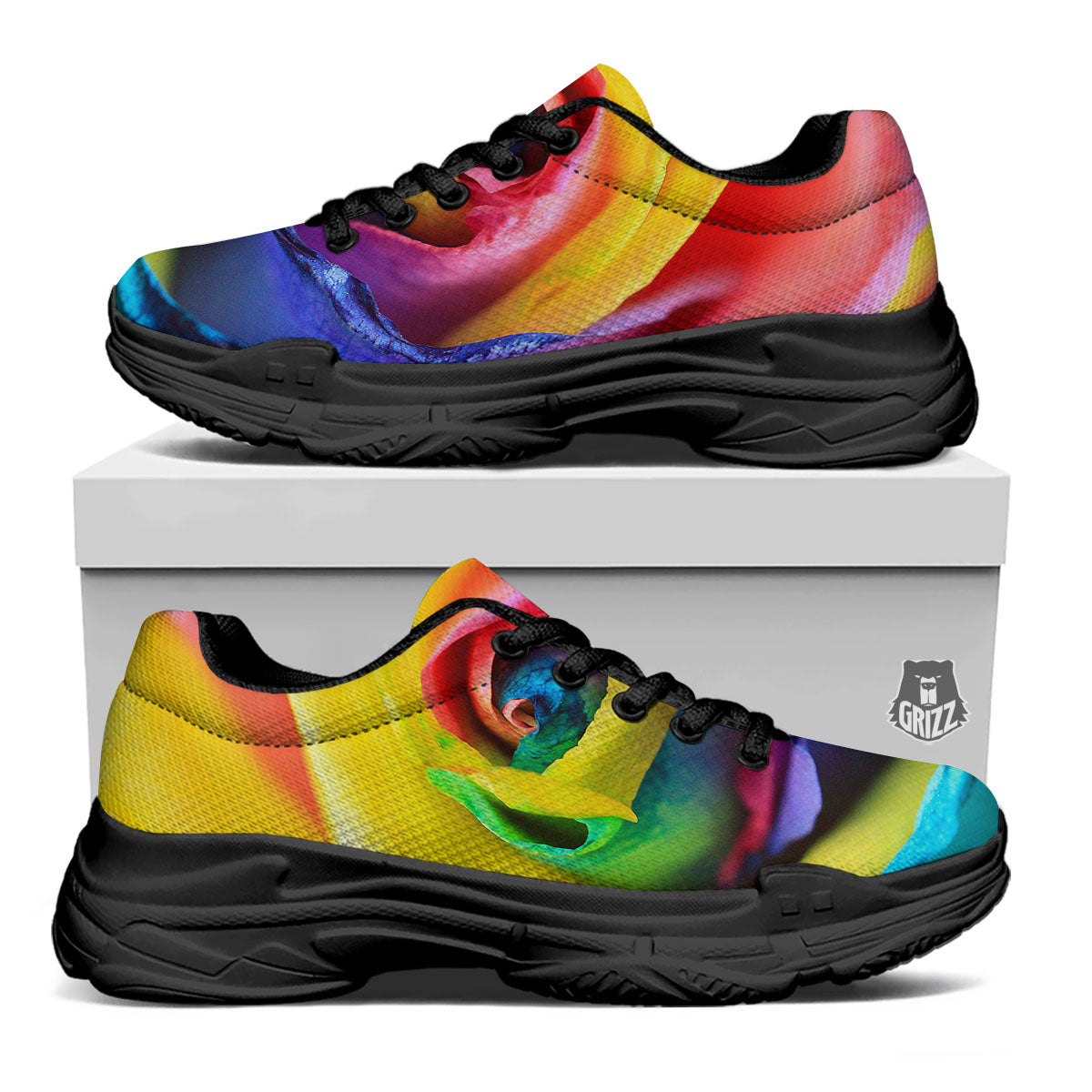 Rainbow Roses LGBT Pride Print Black Chunky Shoes-grizzshop