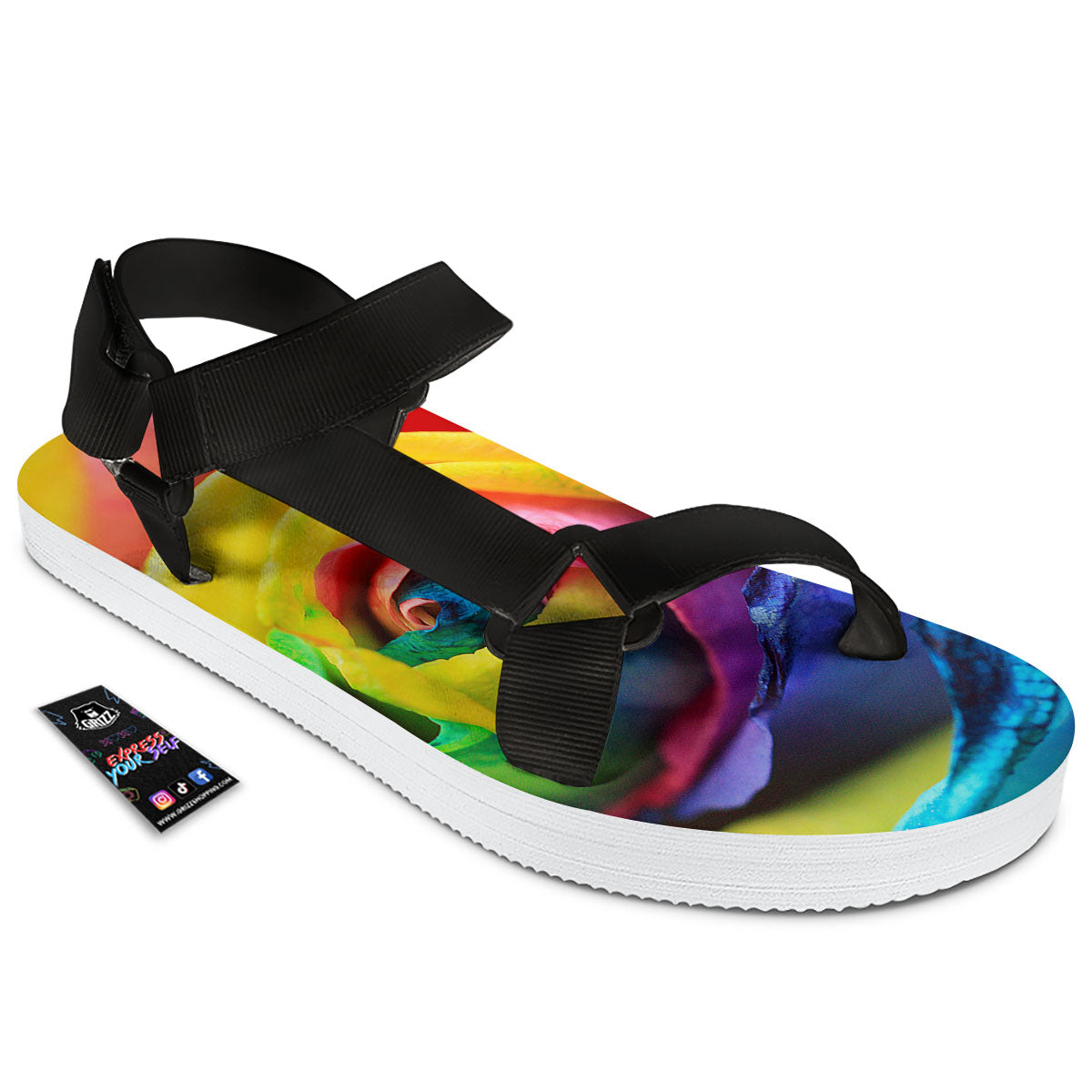 Rainbow Roses LGBT Pride Print Black Open Toe Sandals-grizzshop