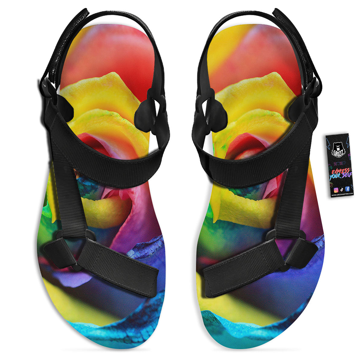 Rainbow Roses LGBT Pride Print Black Open Toe Sandals-grizzshop