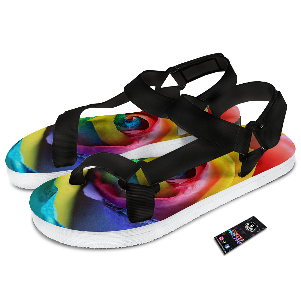 Rainbow Roses LGBT Pride Print Black Open Toe Sandals-grizzshop