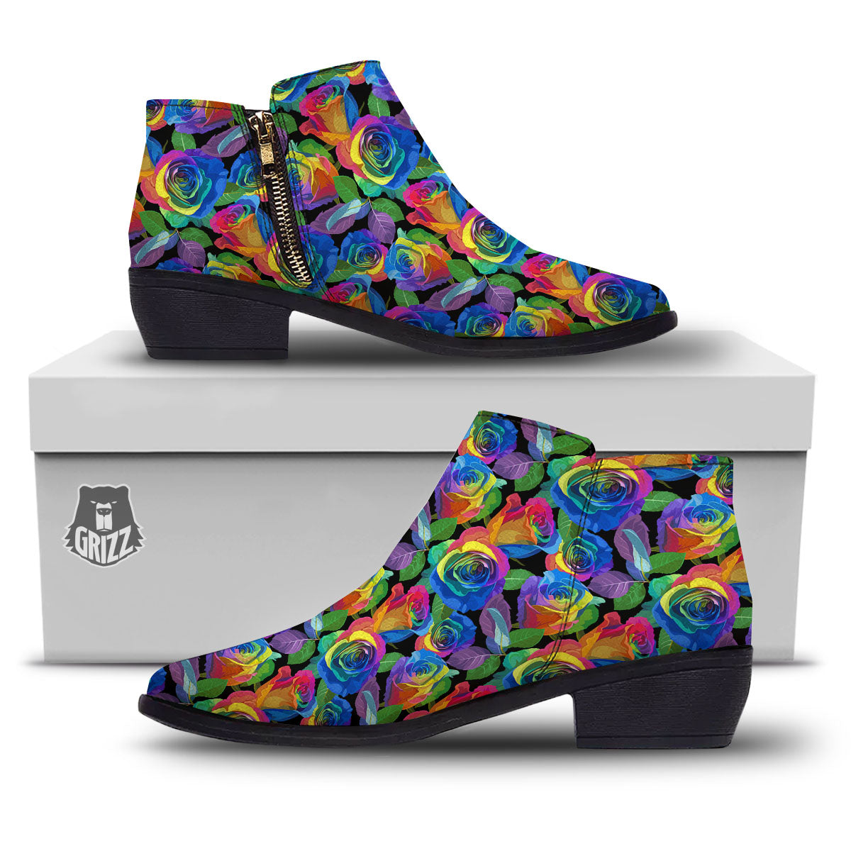 Rainbow Roses LGBT Pride Print Pattern Ankle Boots-grizzshop