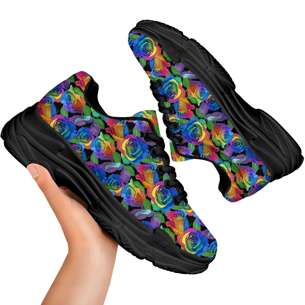 Rainbow Roses LGBT Pride Print Pattern Black Chunky Shoes-grizzshop