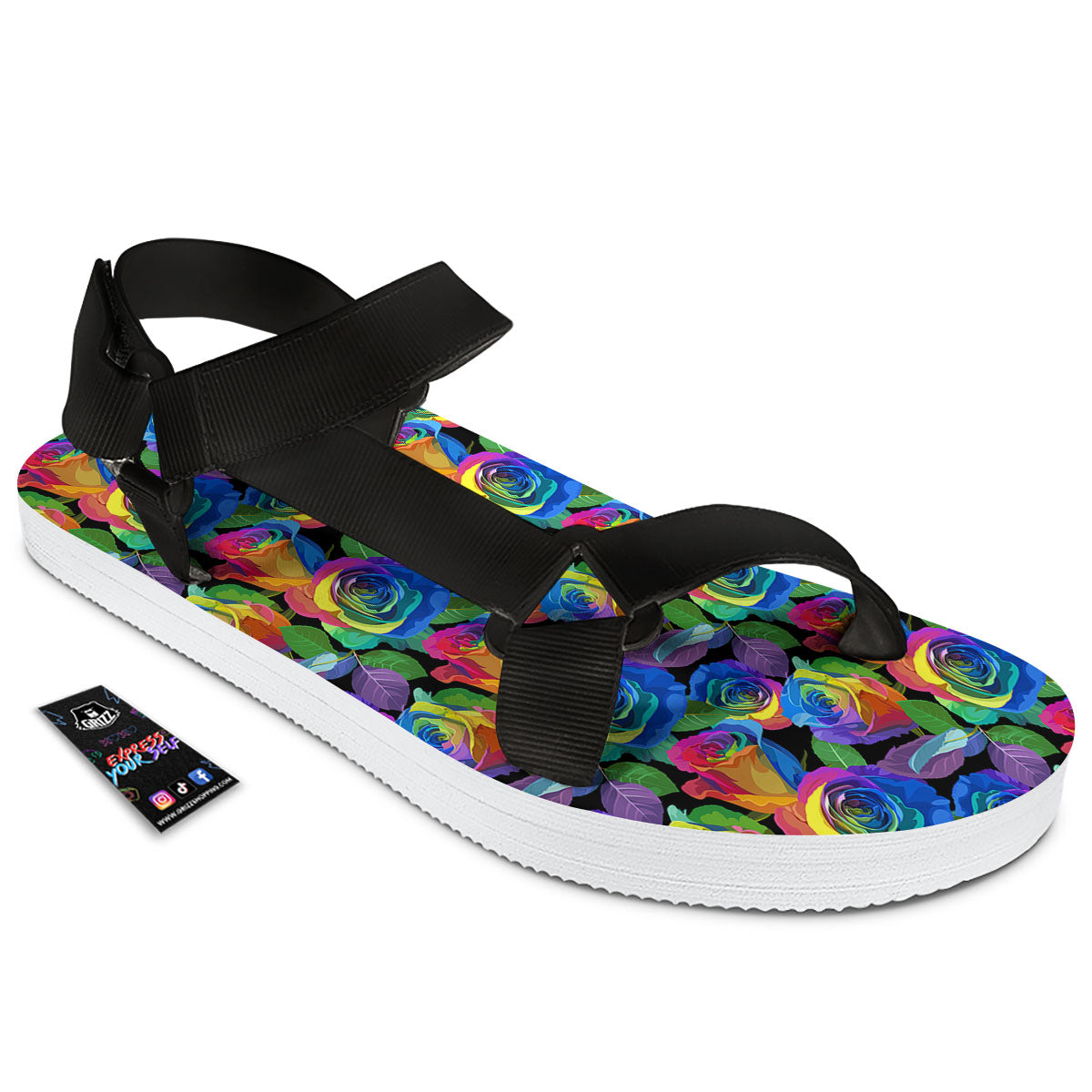 Rainbow Roses LGBT Pride Print Pattern Black Open Toe Sandals-grizzshop