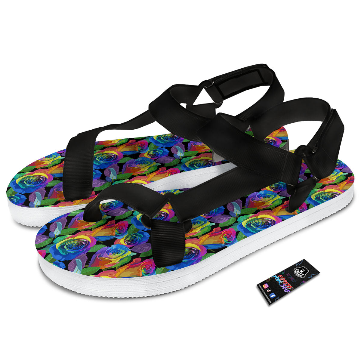 Rainbow Roses LGBT Pride Print Pattern Black Open Toe Sandals-grizzshop