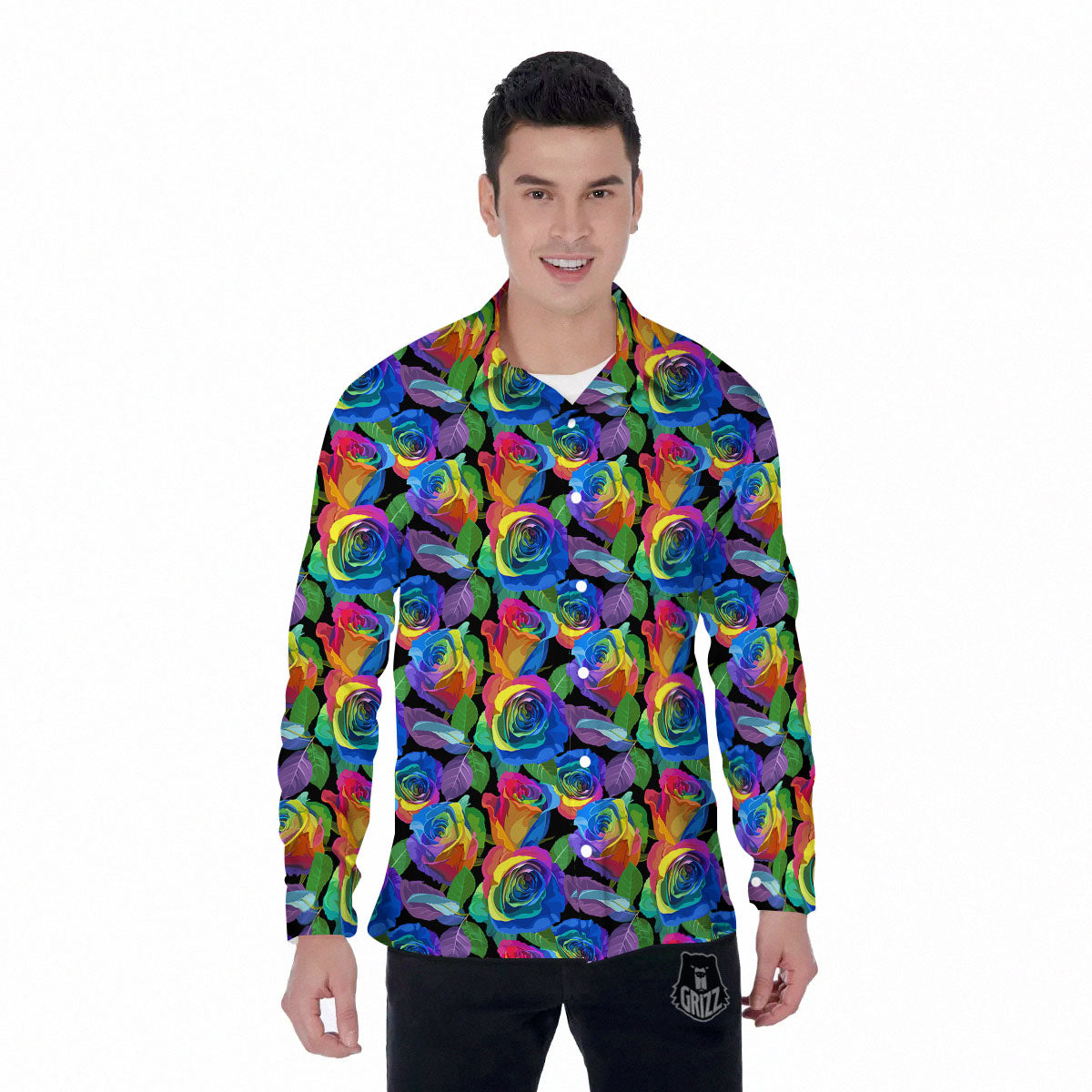 Rainbow Roses LGBT Pride Print Pattern Men's Long Sleeve Shirts-grizzshop