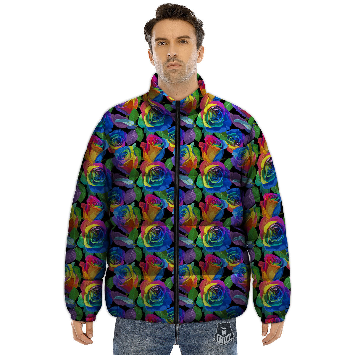 Rainbow Roses LGBT Pride Print Pattern Puffer Jacket-grizzshop