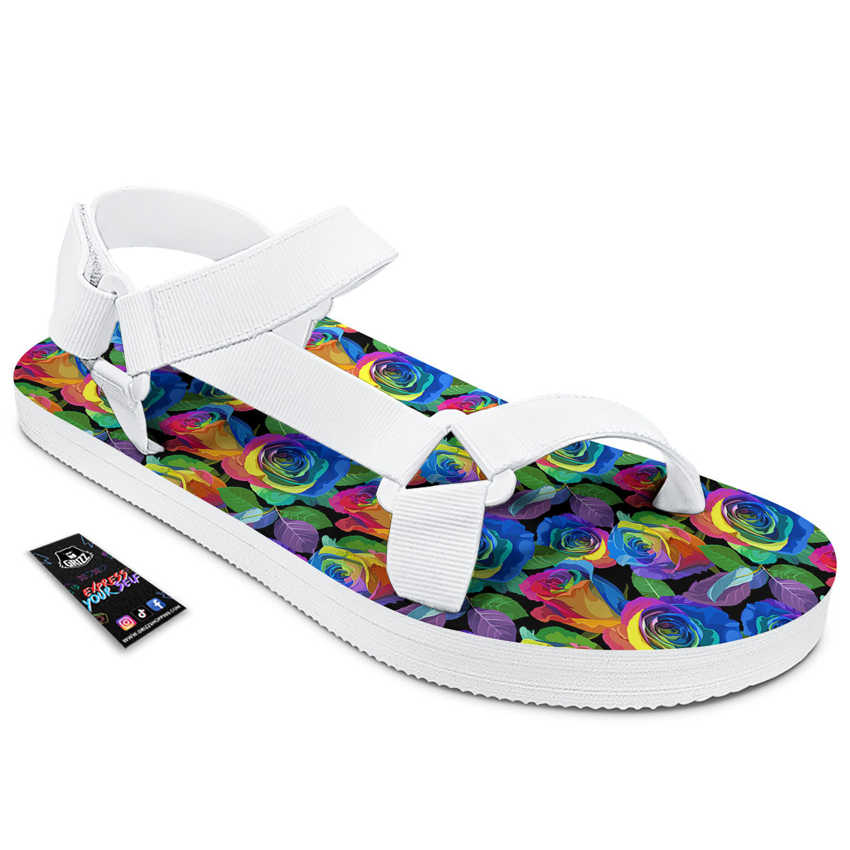 Rainbow Roses LGBT Pride Print Pattern White Open Toe Sandals-grizzshop