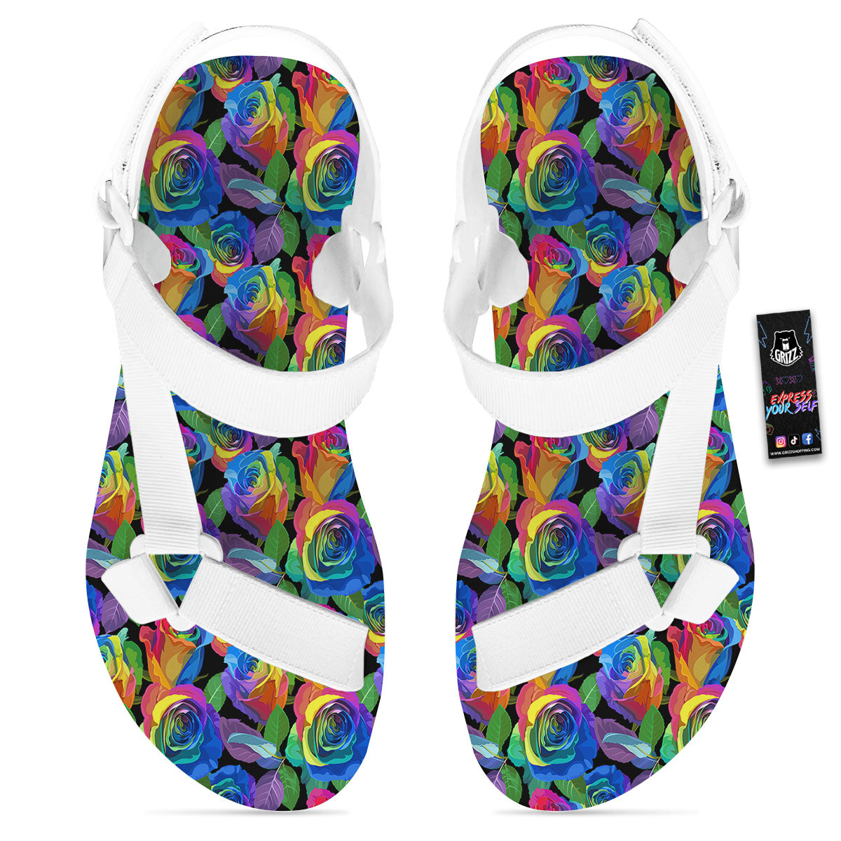 Rainbow Roses LGBT Pride Print Pattern White Open Toe Sandals-grizzshop