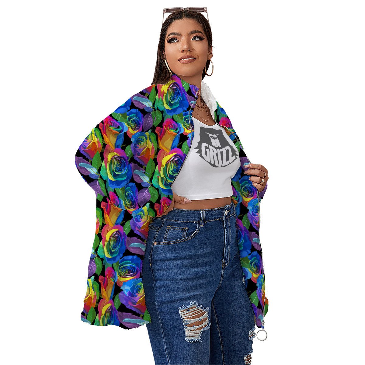 Rainbow Roses LGBT Pride Print Pattern Women's Sherpa Jacket-grizzshop