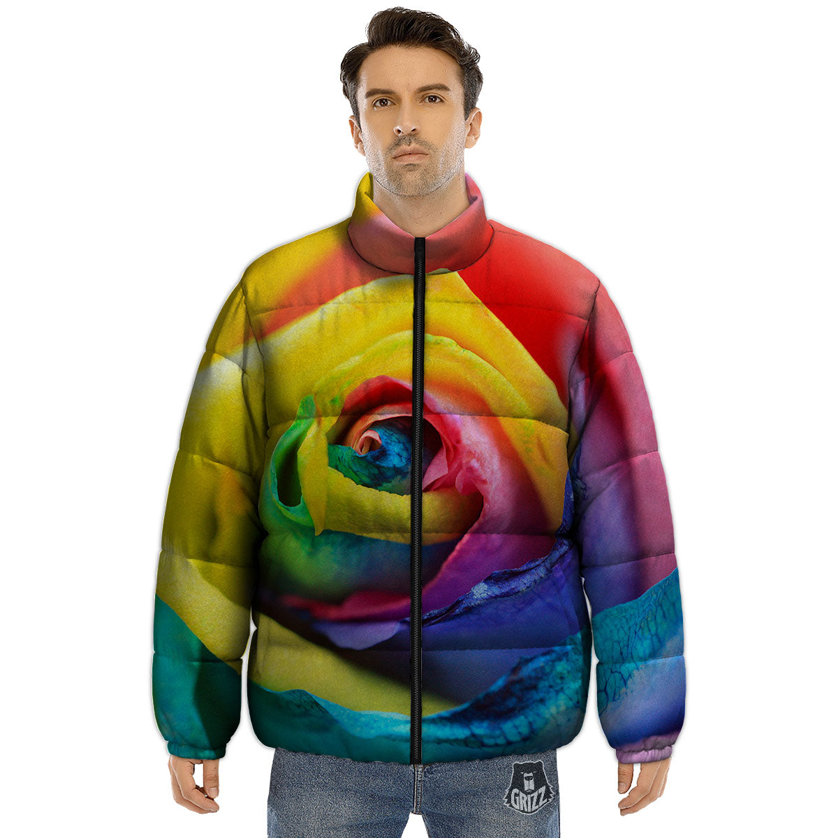 Rainbow Roses LGBT Pride Print Puffer Jacket-grizzshop