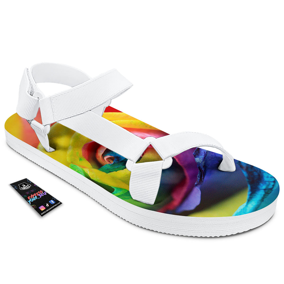 Rainbow Roses LGBT Pride Print White Open Toe Sandals-grizzshop