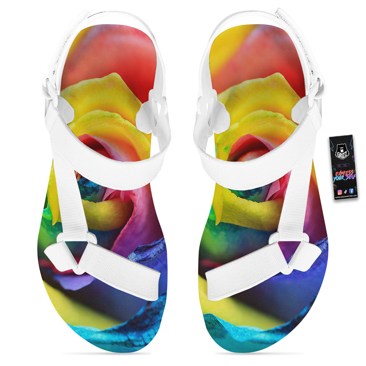 Rainbow Roses LGBT Pride Print White Open Toe Sandals-grizzshop