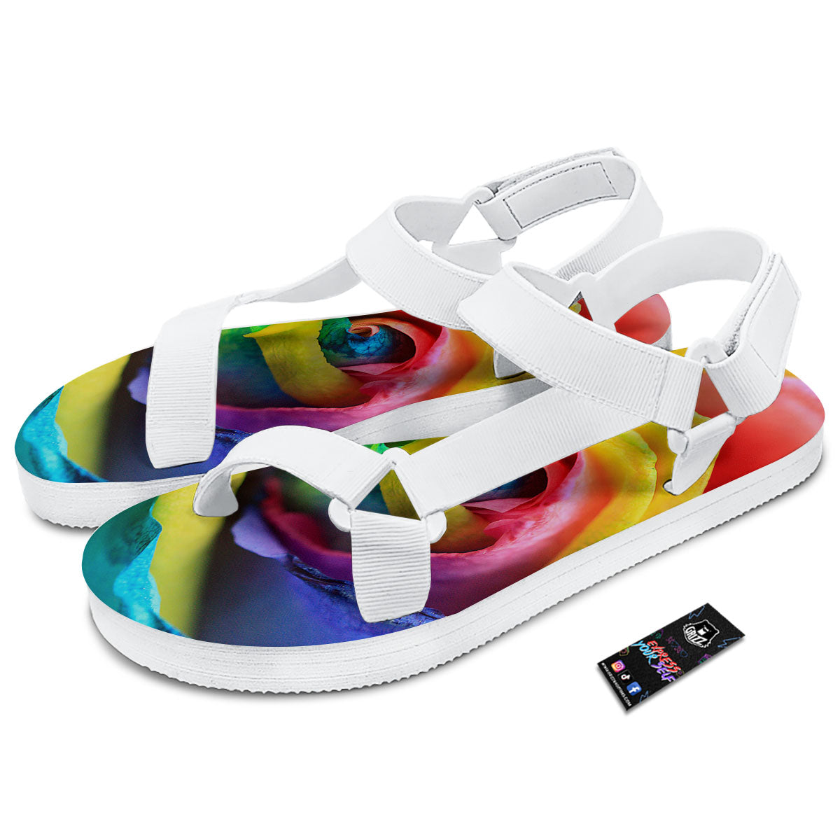 Rainbow Roses LGBT Pride Print White Open Toe Sandals-grizzshop