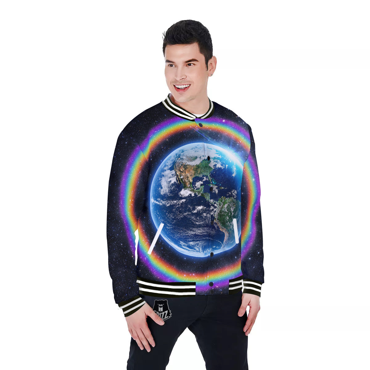 Rainbow The Earth Print Baseball Jacket-grizzshop