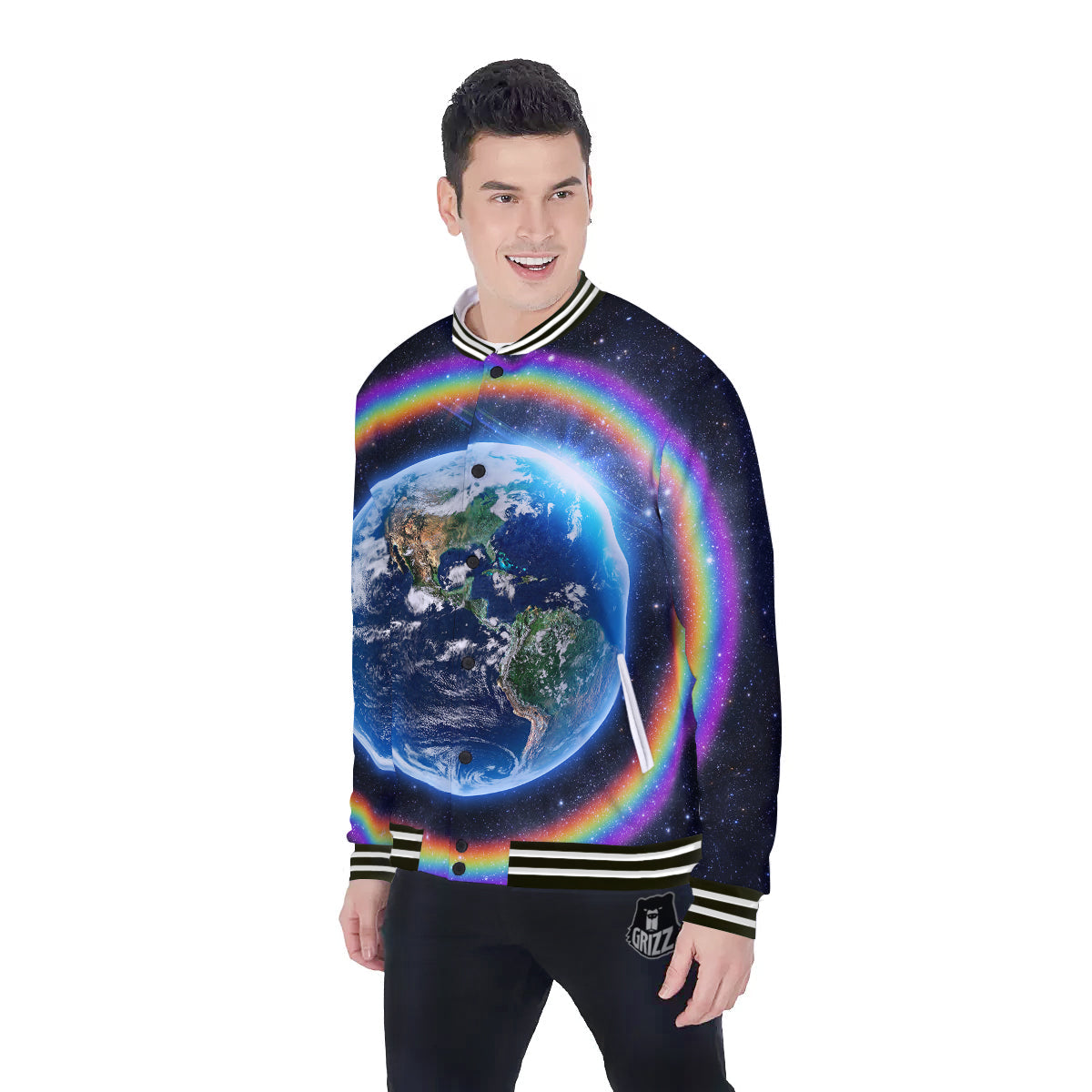 Rainbow The Earth Print Baseball Jacket-grizzshop