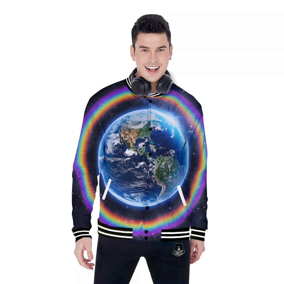Rainbow The Earth Print Baseball Jacket-grizzshop
