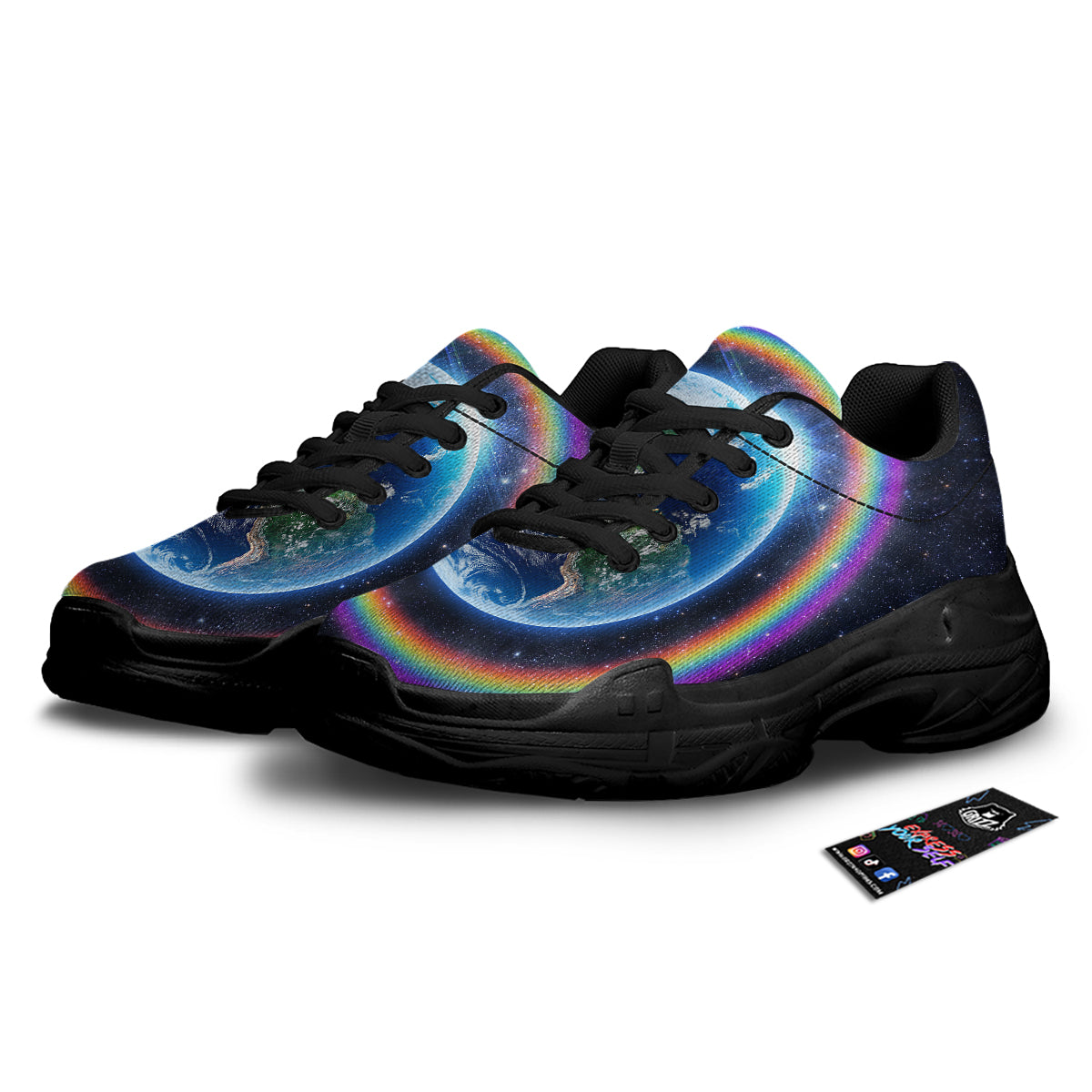 Rainbow The Earth Print Black Chunky Shoes-grizzshop