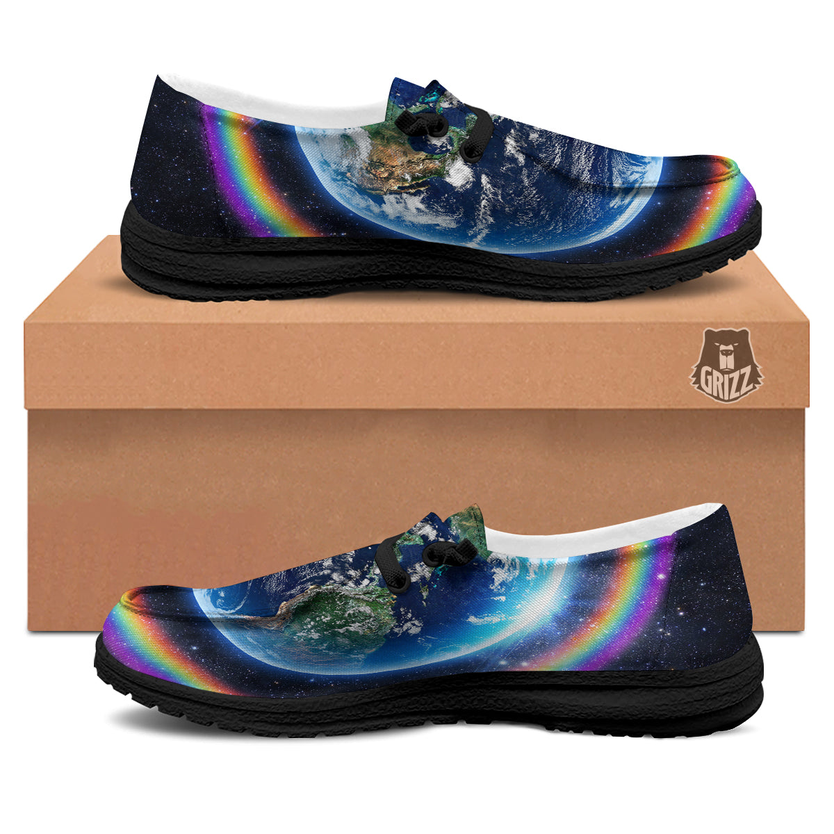 Rainbow The Earth Print Black Loafers-grizzshop