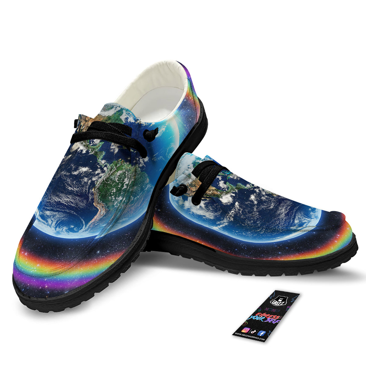 Rainbow The Earth Print Black Loafers-grizzshop