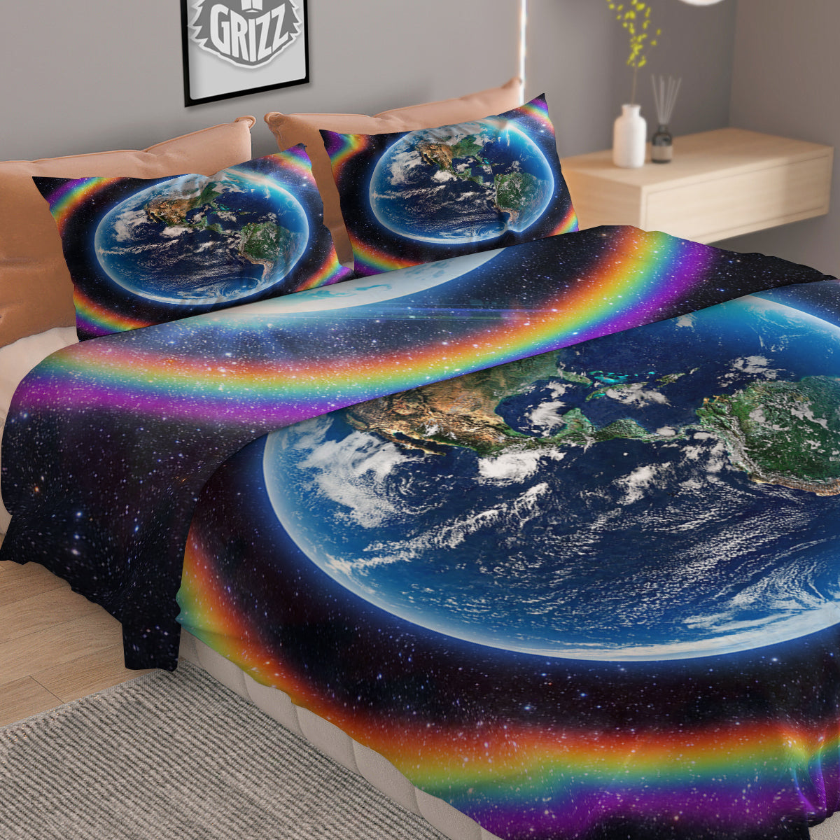 Rainbow The Earth Print Duvet Cover Bedding Set
