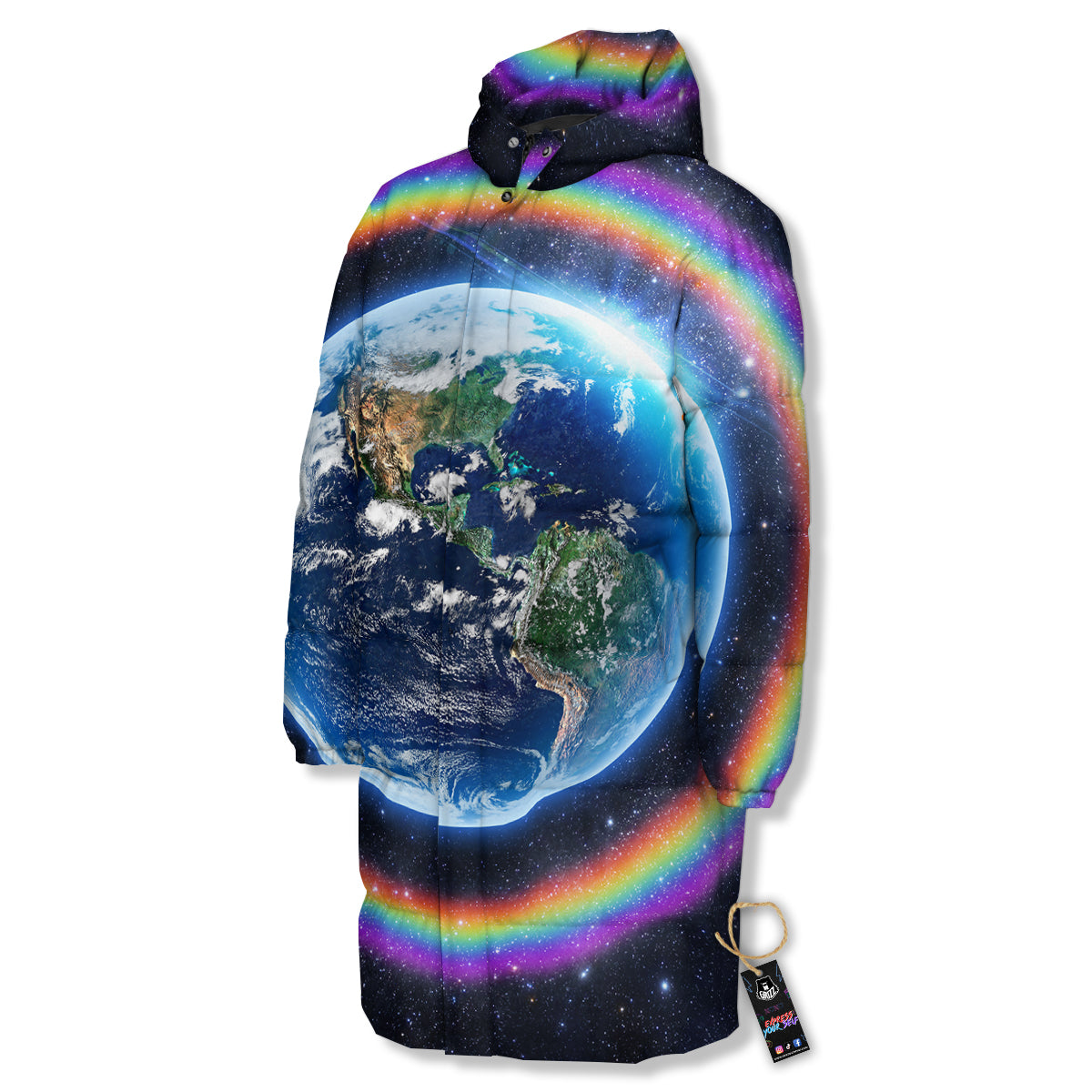 Rainbow The Earth Print Long Down Jacket-grizzshop
