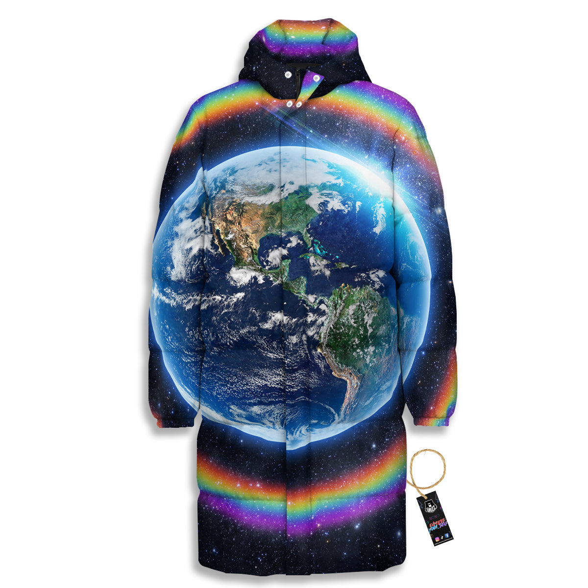Rainbow The Earth Print Long Down Jacket-grizzshop