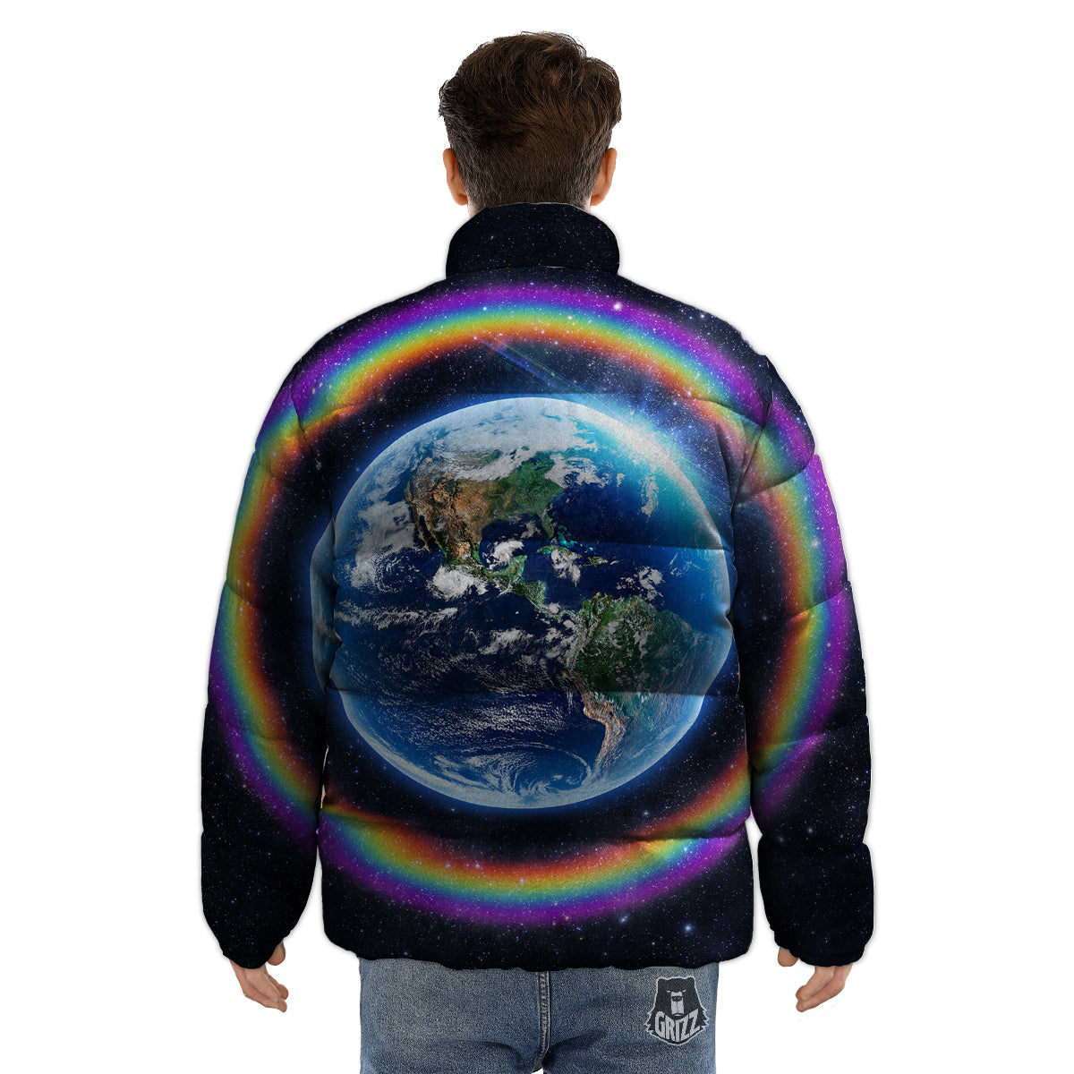 Rainbow The Earth Print Puffer Jacket-grizzshop