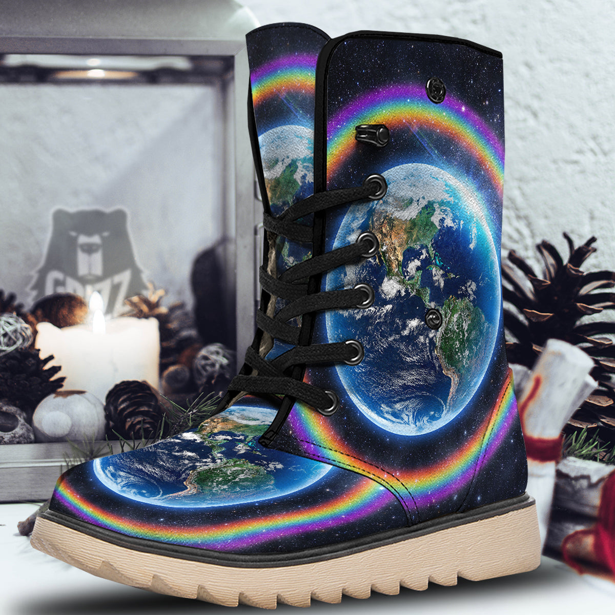 Rainbow The Earth Print Snow Boots-grizzshop