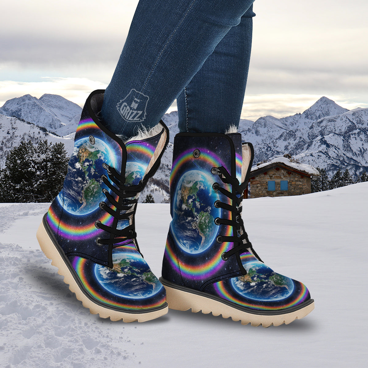 Rainbow The Earth Print Snow Boots-grizzshop