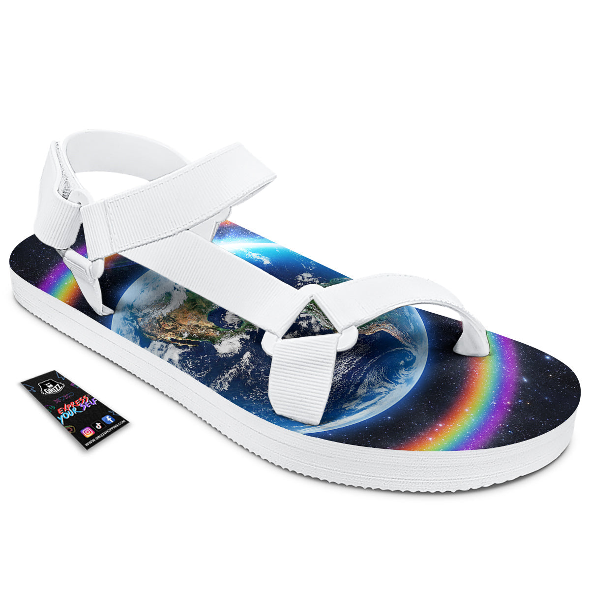 Rainbow The Earth Print White Open Toe Sandals-grizzshop